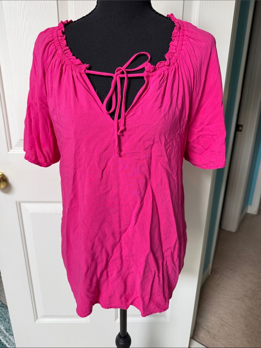 Gibson Look Bright Pink Tie-Neck Top